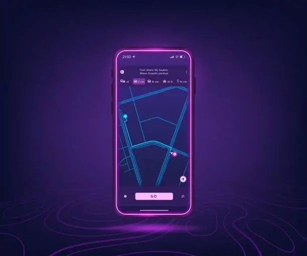 Vector illustration of GPS map app. Mobile navigator. UI phone screen for delivery or car driving. UX interface. Destination route in smartphone. Glowing cellphone. City navigation. Vector application template