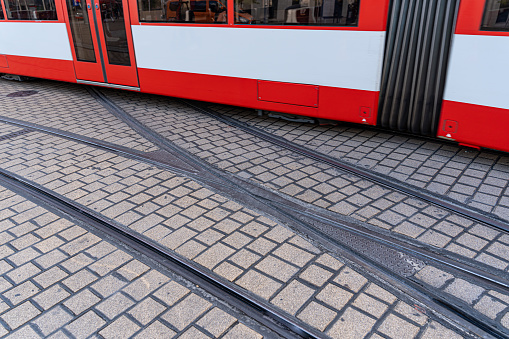 Germany, Halle an der Saale, October 08, 2023 - Low level view of tram on city street , Halle an der Saale