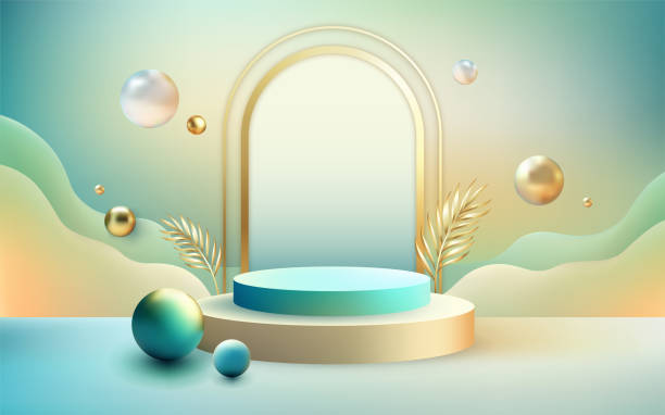 istock 3D realistic round pedestal podium with golden leaves, pearls and arch 1794564820