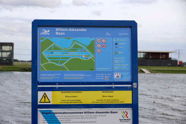 Warning for blue algue at swimming lane of Willem-Alexanderbaan in Zevenhuizen Warning for blue algue at swimming lane of Willem-Alexanderbaan in Zevenhuizen in the Netherlands algue stock pictures, royalty-free photos & images