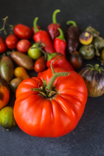 Variety of heirloom tomatoes in vivid colors.