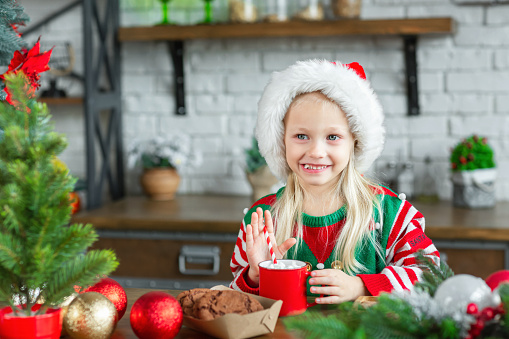 Lifestyle portrait of cute little child girl eating sweet biscuits and drinking warm cacao in mug. Kid sitting in a Christmas decorated cozy kitchen and wearing red santa claus hat. Xmas and New Year winter holidays concept