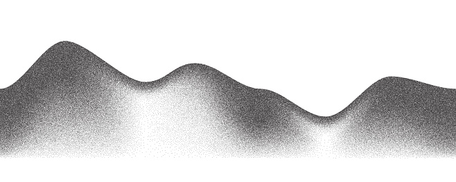 Noisy grainy background. Dotted sand mountains with stipple grunge effect. Black abstract hills. Wavy dust sprayed illustration. Vector halftone landscape.