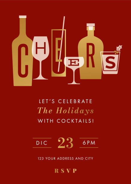 праздничные дни приглашение на вечеринку с приветствиями. - martini glass wineglass wine bottle glass stock illustrations
