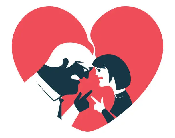 Vector illustration of angry couple arguing inside broken heart