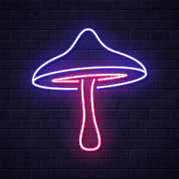 Vector illustration of Mushroom. Glowing neon icon on brick wall background