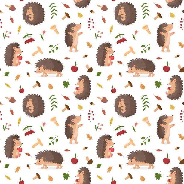 Vector illustration of Cute hedgehog, fall leaves pattern. Vintage autumn nature texture, love paper for baby. Decor textile, wrapping and wallpaper design. Vector seamless utter forest mammals cartoon illustration