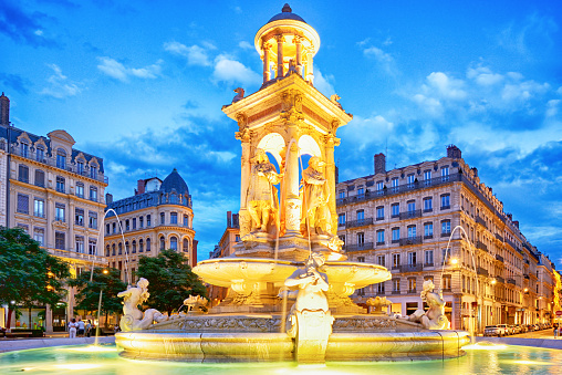 Marble fountain of Place des Jacobins square was erected in 1856 by Louis Danton in Lyon, France