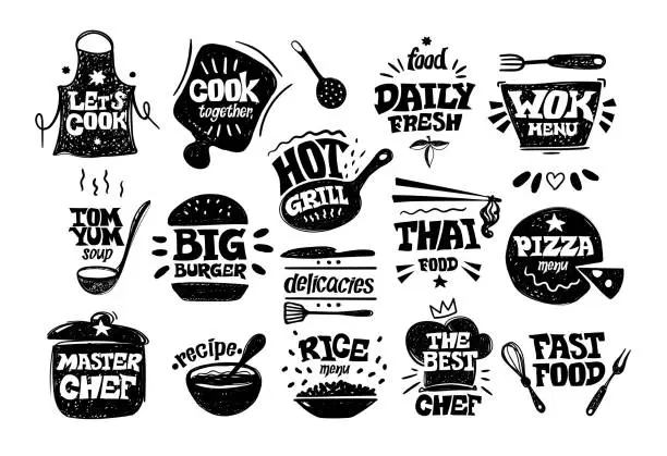 Vector illustration of Chef food bakery, utensil black hand drawn elements. Cafe logo, cooking studio silhouette stickers, dinner on kitchen. Noodle and ramen, wok and pizza logotype. Vector exact illustration
