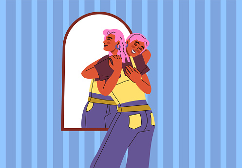 Confidence love. Accepting yourself. Cute woman looking at mirror and hugging reflection. Funny smile in psychology. Human self acceptance. Positive girls motivation. Vector exact illustration concept