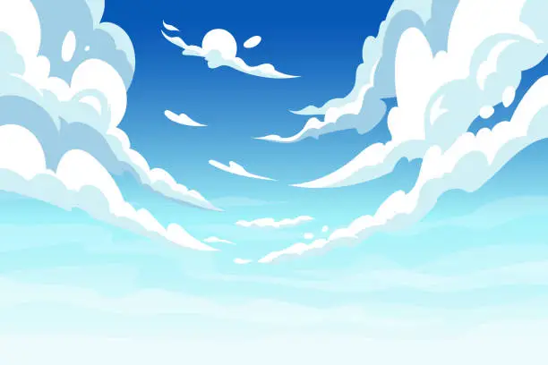 Vector illustration of Blue sky, heaven anime curve clouds. Nature sea sun landscape, gradient cloudy scene, beautiful clear spring air. Beautiful cloudscape panorama. Vector garish background, wallpaper design