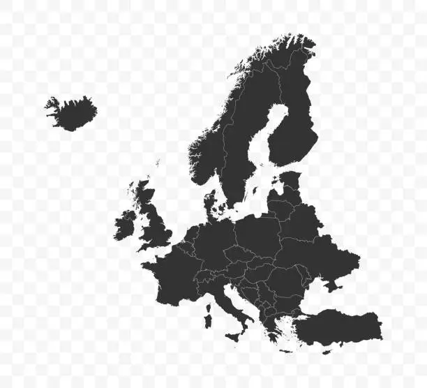 Vector illustration of European continent map and country borders. Europe map on transparent background. Stock illustration.