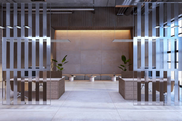 istock Spacious dark coworking office interior with suspended partitions. 3D Rendering. 1794596229