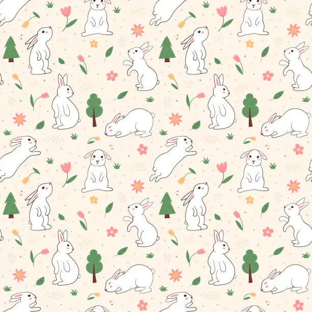 Vector illustration of Cute white rabbit, sweet hare pattern. Doodle baby bunny, animals and flowers for wallpaper and wrapping paper, toddler nursery design. Adorable animal. Vector utter seamless illustration
