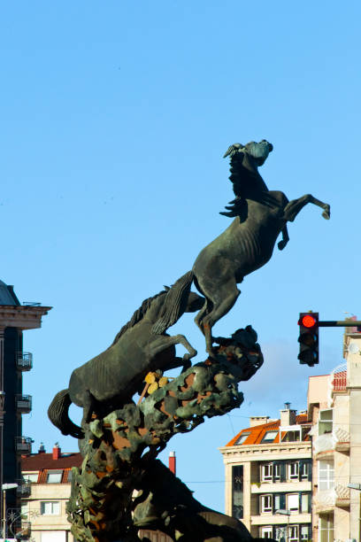 Madrid, Spain - May, 19, 2024: Quadriga Sculpture in the rooftop of old BBVA Building in Alcala Street