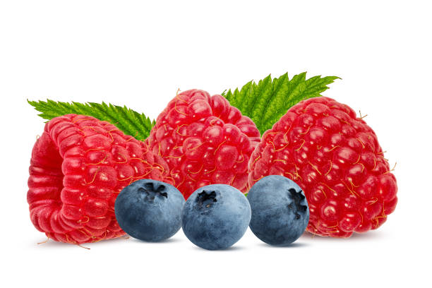 istock Blackberries and raspberries with leaves  isolated on white background 1794601806