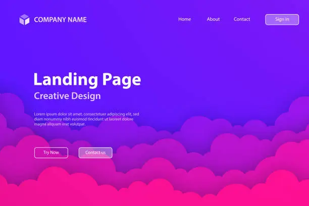Vector illustration of Landing page Template - Purple sky with couds - Trendy paper cut background
