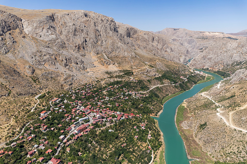 Aerial drone view of Erzincan Kemaliye district, city of paragliding and wingsuit flying.