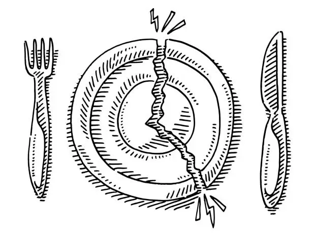 Vector illustration of Broken Plate Fork And Knife Drawing