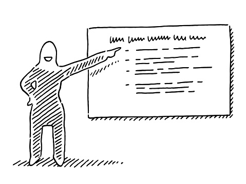 Hand-drawn vector drawing of an University Lecturer Explaining. Black-and-White sketch on a transparent background (.eps-file). Included files are EPS (v10) and Hi-Res JPG.
