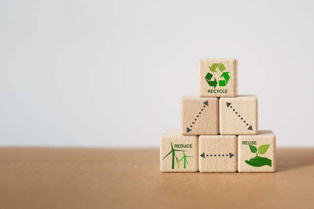istock stack of  wooden cube block , reduce, reuse and recycle text and green icon for save world, environmental , ecological waste management and a sustainable and economical lifestyle 1794623833