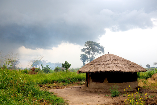 Rural african hut in a small village with grass roof