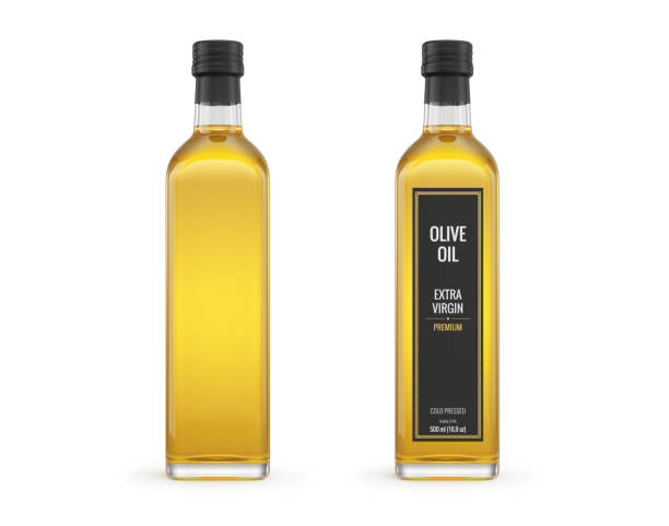 Olive oil glass bottle isolated on white. Mockup template design. 3d render
