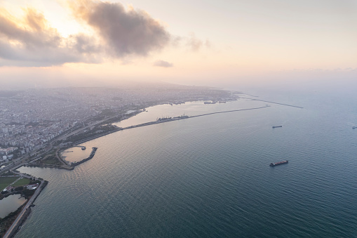 Aerial city center and port at night. Samsun, Turkey