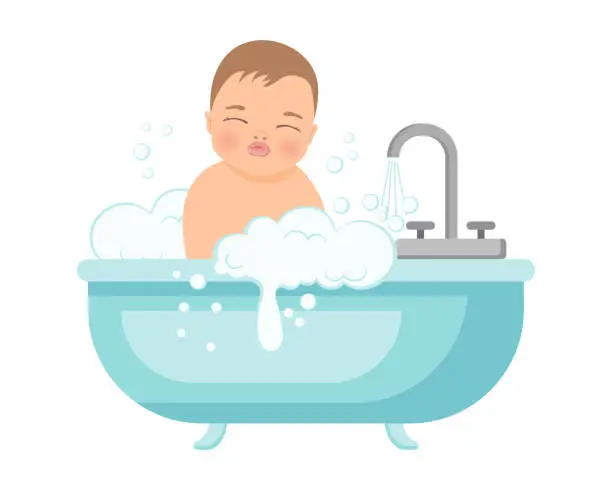 Vector illustration of Baby boy in a bath with foam. Baby shower illustration. Design for baby hygiene products.