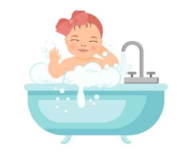 Vector illustration of Baby girl in a bath with foam. Baby shower illustration. Design of children's hygiene products.