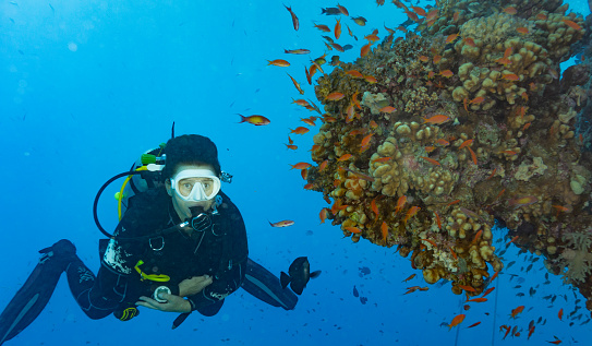 Safaga, Egypt on November 4, 2023: experienced female diver perfectly buoyant