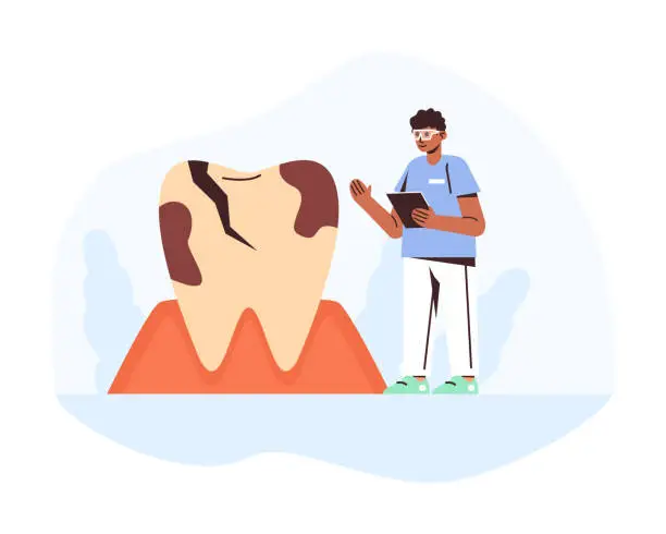 Vector illustration of American male in uniform working as dentist, looking at tooth with caries