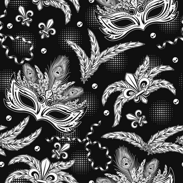 ilustrações de stock, clip art, desenhos animados e ícones de seamless pattern with carnival masquerade masks, feathers, scattered beads, fleur de lis sign on black background. detailed vintage illustration for prints, apparel, clothing, surface design not ai - peacock feather outline black and white