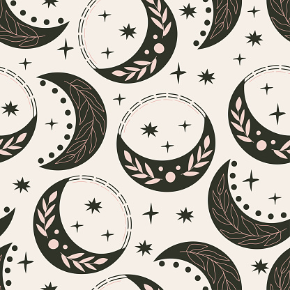 Moon, crescent, stars, magic. Seamless pattern. Boho pattern for astrology, esotericism, Tarot, mysticism and magic. Hand drawn vector illustration.