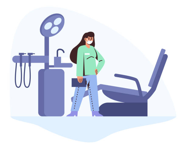 молодая леди в униформе держит планшет и ждет пациентов - dentist dentist office dentists chair cartoon stock illustrations