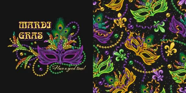 Vector illustration of label, seamless pattern for Mardi gras carnival