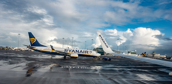 Ryanair planes on the tarmac in Dublin Airport, Ireland.
