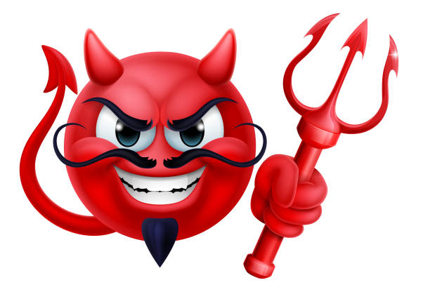 Devil Emoji Emoticon Man Face Cartoon Icon Mascot A red devil or satan emoji emoticon man face holding a trident, pitchfork or pitch fork cartoon icon mascot. cartoon of the devils pitch fork stock illustrations
