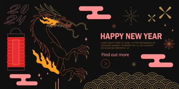 Vector illustration of Bauhaus chinese 2024 new year banner with simple modern geometric shapes, forms and outline dragon portrait. Bold form graphic design for calendar header, greetings cards, posters, print, backgrounds.