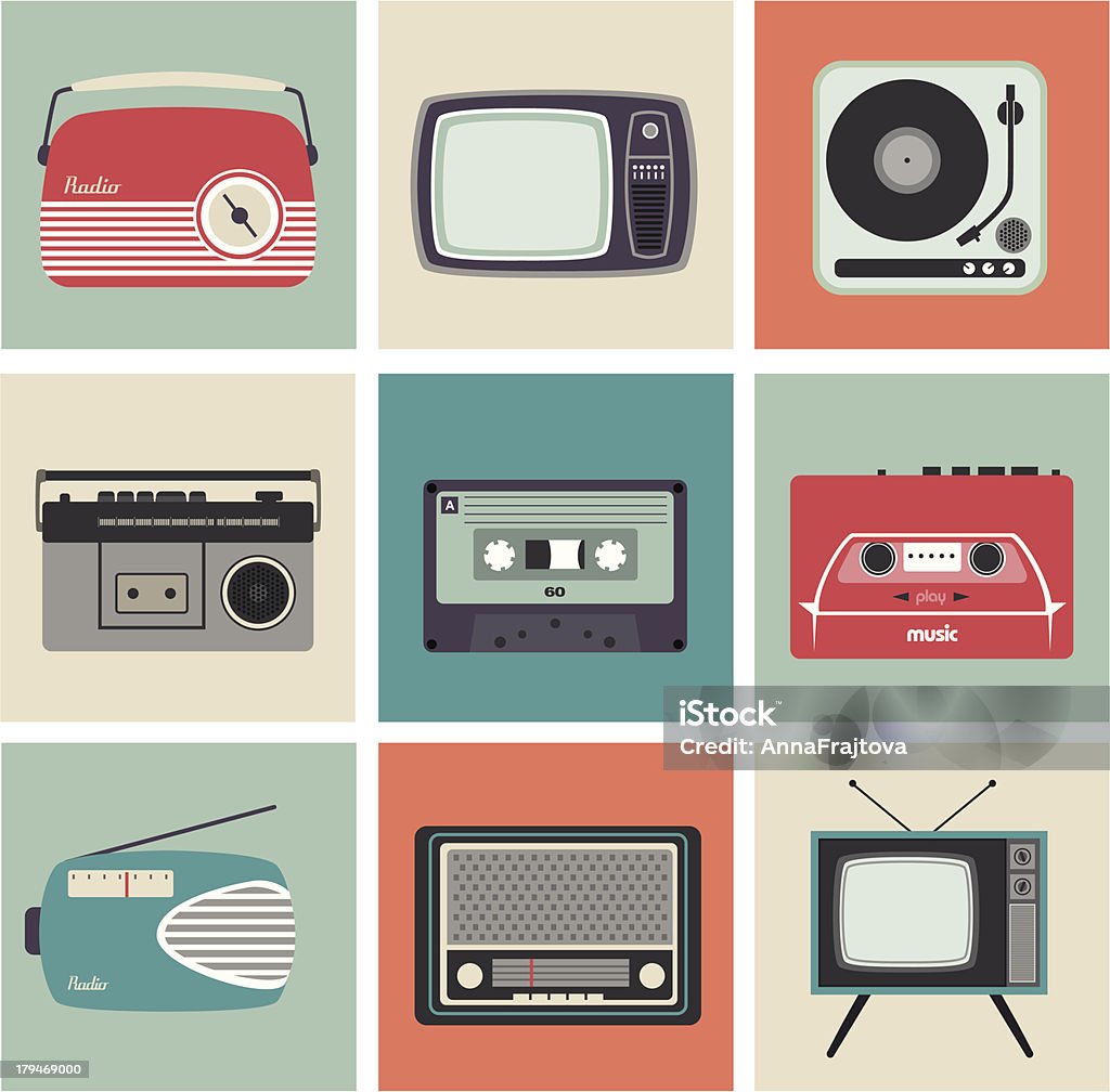Retro Radio, TV and Other Electronic Equipment Design Cards with Vintage Electronic Equipment. Radio stock vector