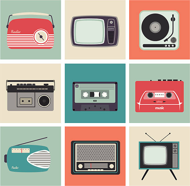 Retro Radio, TV and Other Electronic Equipment Design Cards with Vintage Electronic Equipment. audio cassette illustrations stock illustrations