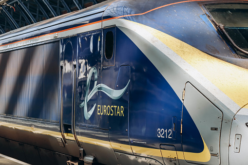 London, United Kingdom - September 25, 2023: Close up on a Eurostar train on a platform in London, ready to depart for Paris.