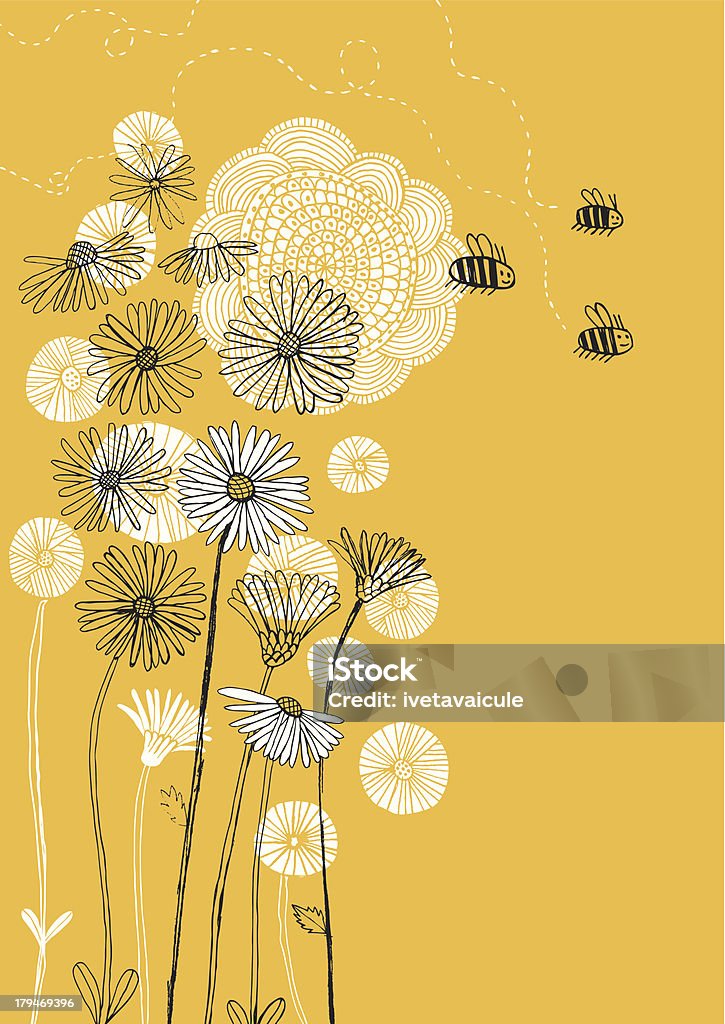 Daisies, sunflower and bees on sunny background Vector file of hand drawn flowers and insects Bee stock vector