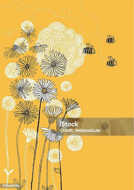 Daisies Sunflower And Bees On Sunny Background Stock Illustration - Download Image Now - Bee, Flower, Daisy