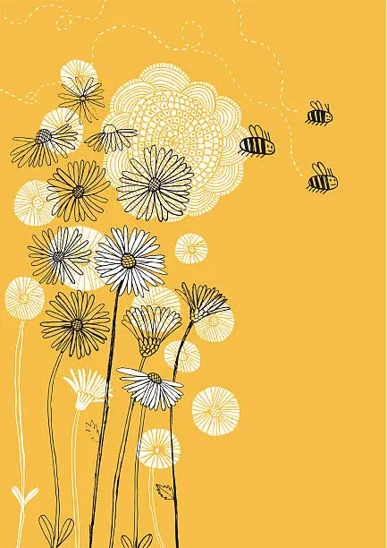 Vector illustration of Daisies, sunflower and bees on sunny background