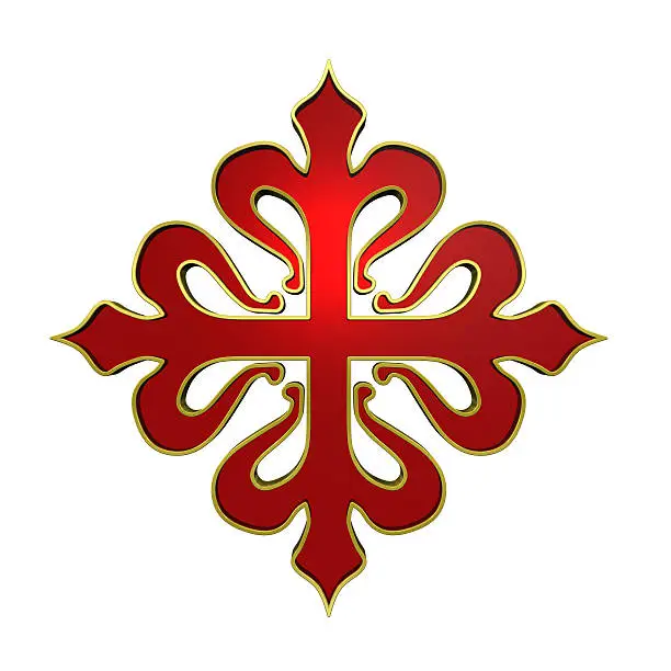 Red with gold frame heraldic cross. Computer generated 3D photo rendering.