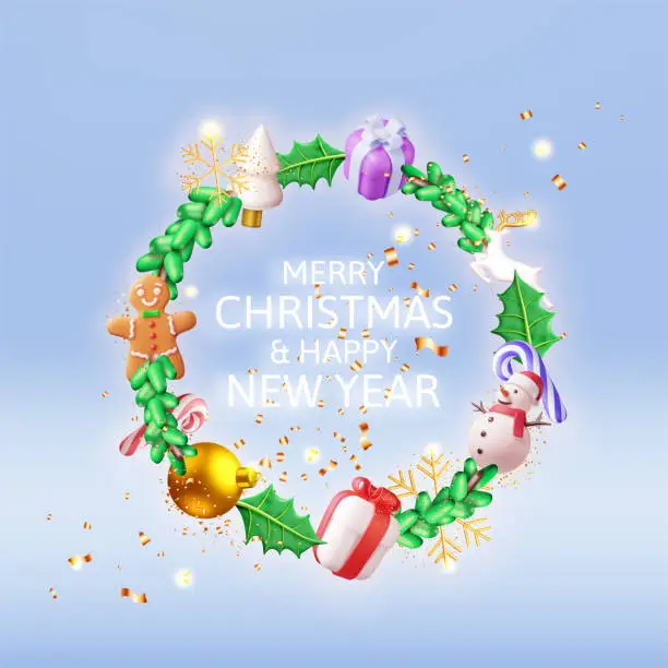 Vector illustration of 3D Decorated Christmas Wreath