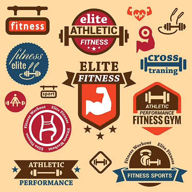 Vector illustration of Different fitness labels on a brown background