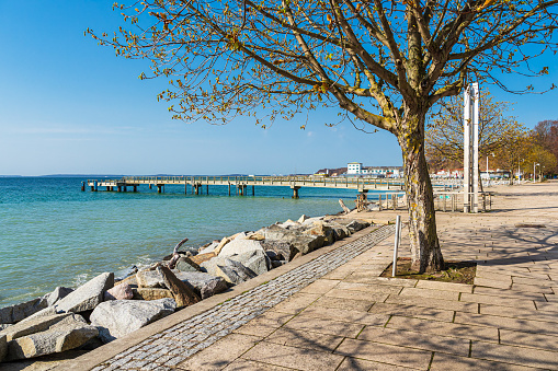 View of the pier and promenade in the town of Sassnitz on the island of Rügen, Germany.