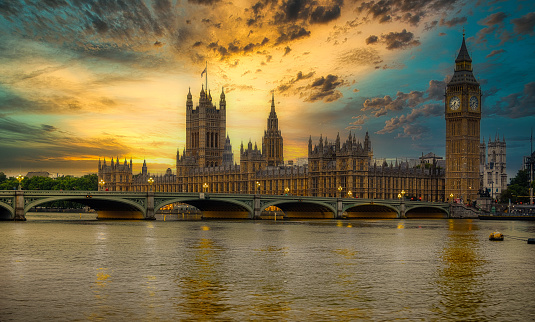 Westminster Bridge and The Houses of Parliament in London at sunset.